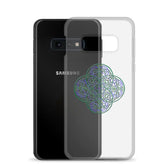 A Samsung Galaxy S10E behind a Xigfireon clear phone case featuring the Living Colour iteration of the `Reach Of The Spirit` Celtic knot design. The `Reach Of The Spirit` Celtic knot design represents Mother Earth.