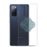 A Samsung Galaxy S20 FE behind a Xigfireon clear phone case featuring the Living Colour iteration of the `Reach Of The Spirit` Celtic knot design. The `Reach Of The Spirit` Celtic knot design represents Mother Earth.
