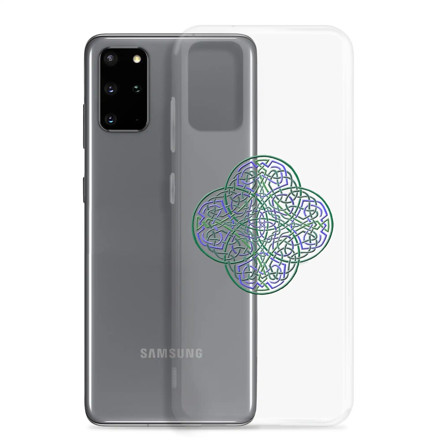 A Samsung Galaxy S20 plus behind a Xigfireon clear phone case featuring the Living Colour iteration of the `Reach Of The Spirit` Celtic knot design. The `Reach Of The Spirit` Celtic knot design represents Mother Earth.