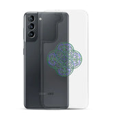 A Samsung Galaxy S21 behind a Xigfireon clear phone case featuring the Living Colour iteration of the `Reach Of The Spirit` Celtic knot design. The `Reach Of The Spirit` Celtic knot design represents Mother Earth.