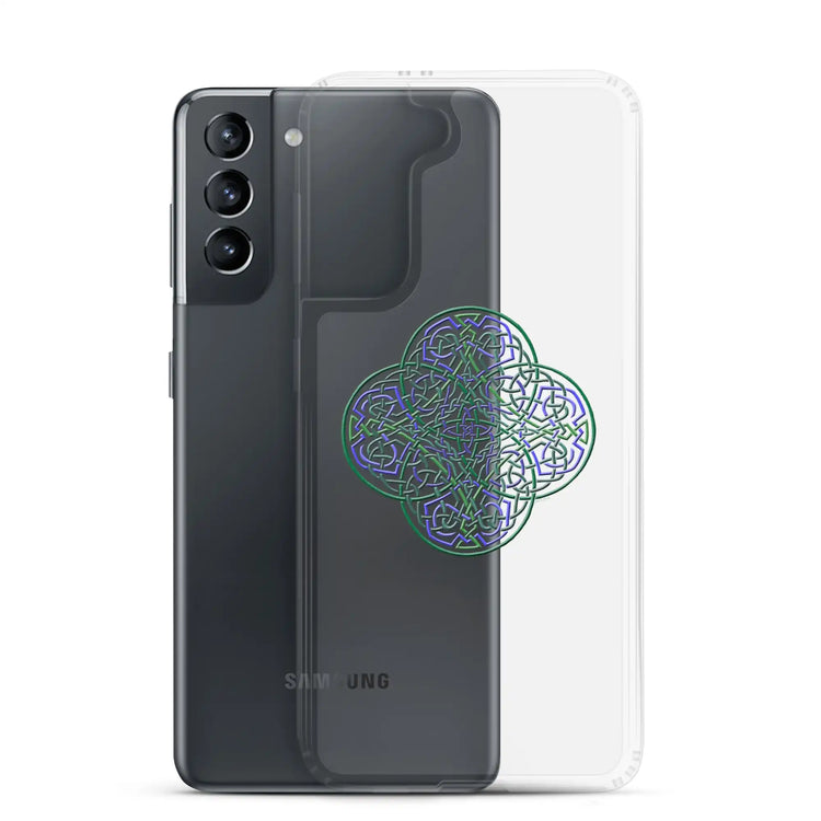 A Samsung Galaxy S21 behind a Xigfireon clear phone case featuring the Living Colour iteration of the `Reach Of The Spirit` Celtic knot design. The `Reach Of The Spirit` Celtic knot design represents Mother Earth.