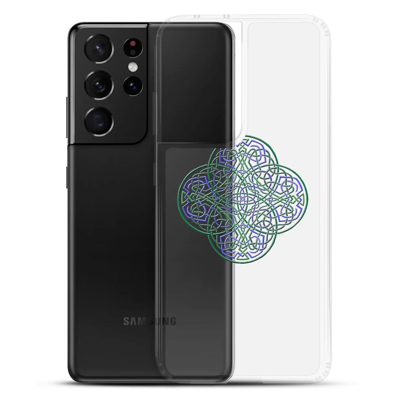 A Samsung Galaxy S21 Ultra behind a Xigfireon clear phone case featuring the Living Colour iteration of the `Reach Of The Spirit` Celtic knot design. The `Reach Of The Spirit` Celtic knot design represents Mother Earth.