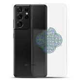 A Samsung Galaxy S21 Ultra behind a Xigfireon clear phone case featuring the Living Colour iteration of the `Reach Of The Spirit` Celtic knot design. The `Reach Of The Spirit` Celtic knot design represents Mother Earth.