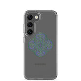 A Samsung Galaxy S23 with a Xigfireon clear phone case featuring the Living Colour iteration of the `Reach Of The Spirit` Celtic knot design. The `Reach Of The Spirit` Celtic knot design represents Mother Earth.