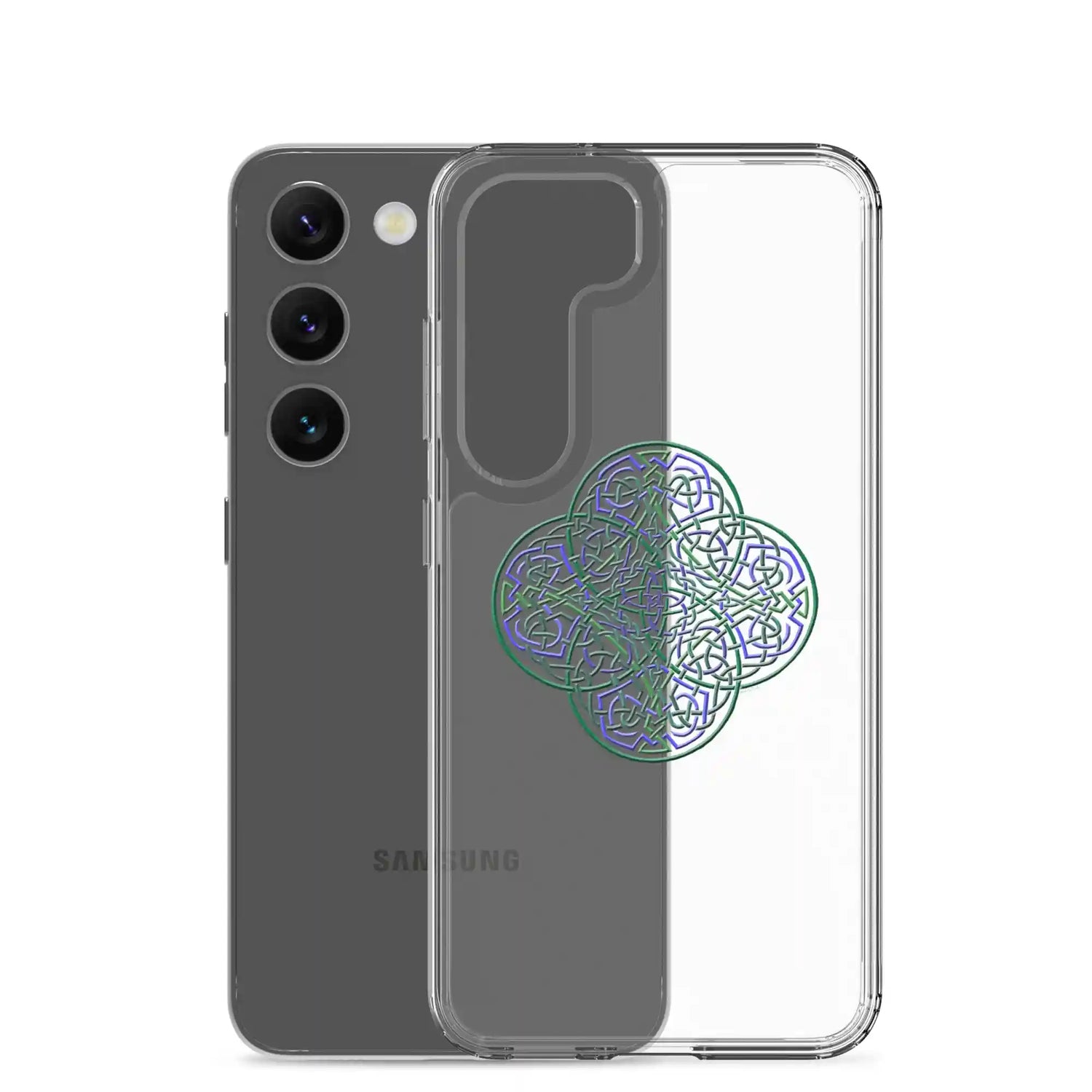 A Samsung Galaxy S23 behind a Xigfireon clear phone case featuring the Living Colour iteration of the `Reach Of The Spirit` Celtic knot design. The `Reach Of The Spirit` Celtic knot design symbolizes Mother Earth.