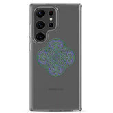 A Samsung Galaxy S23 Ultra with a Xigfireon clear phone case featuring the Living Colour iteration of the `Reach Of The Spirit` Celtic knot design. The `Reach Of The Spirit` Celtic knot design represents Mother Earth.