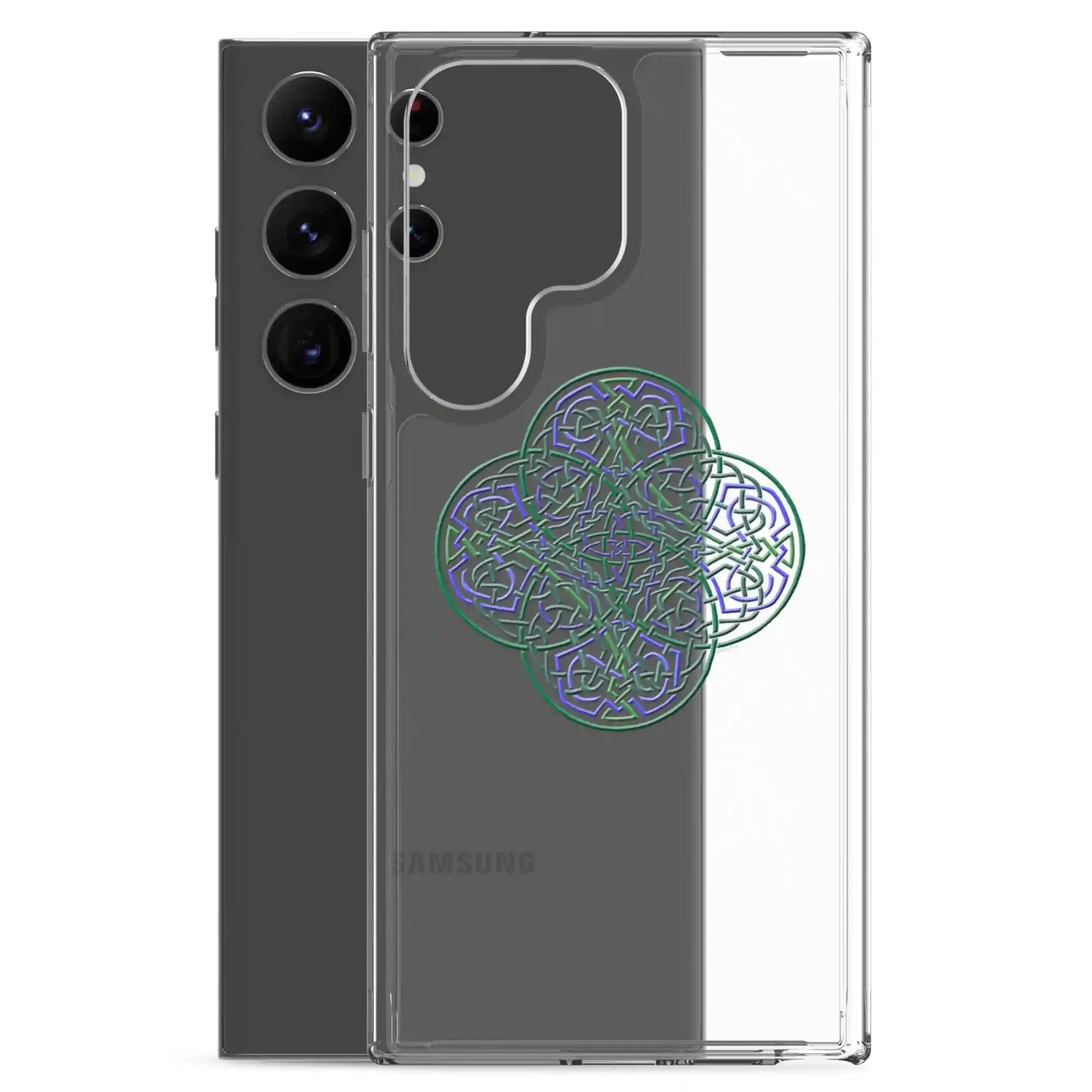 A Samsung Galaxy S23 Ultra behind a Xigfireon clear phone case featuring the Living Colour iteration of the `Reach Of The Spirit` Celtic knot design. The `Reach Of The Spirit` Celtic knot design symbolizes Mother Earth.