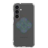 A Samsung Galaxy S24 Plus with a Xigfireon clear phone case featuring the Living Colour iteration of the `Reach Of The Spirit` Celtic knot design. The `Reach Of The Spirit` Celtic knot design represents Mother Earth.