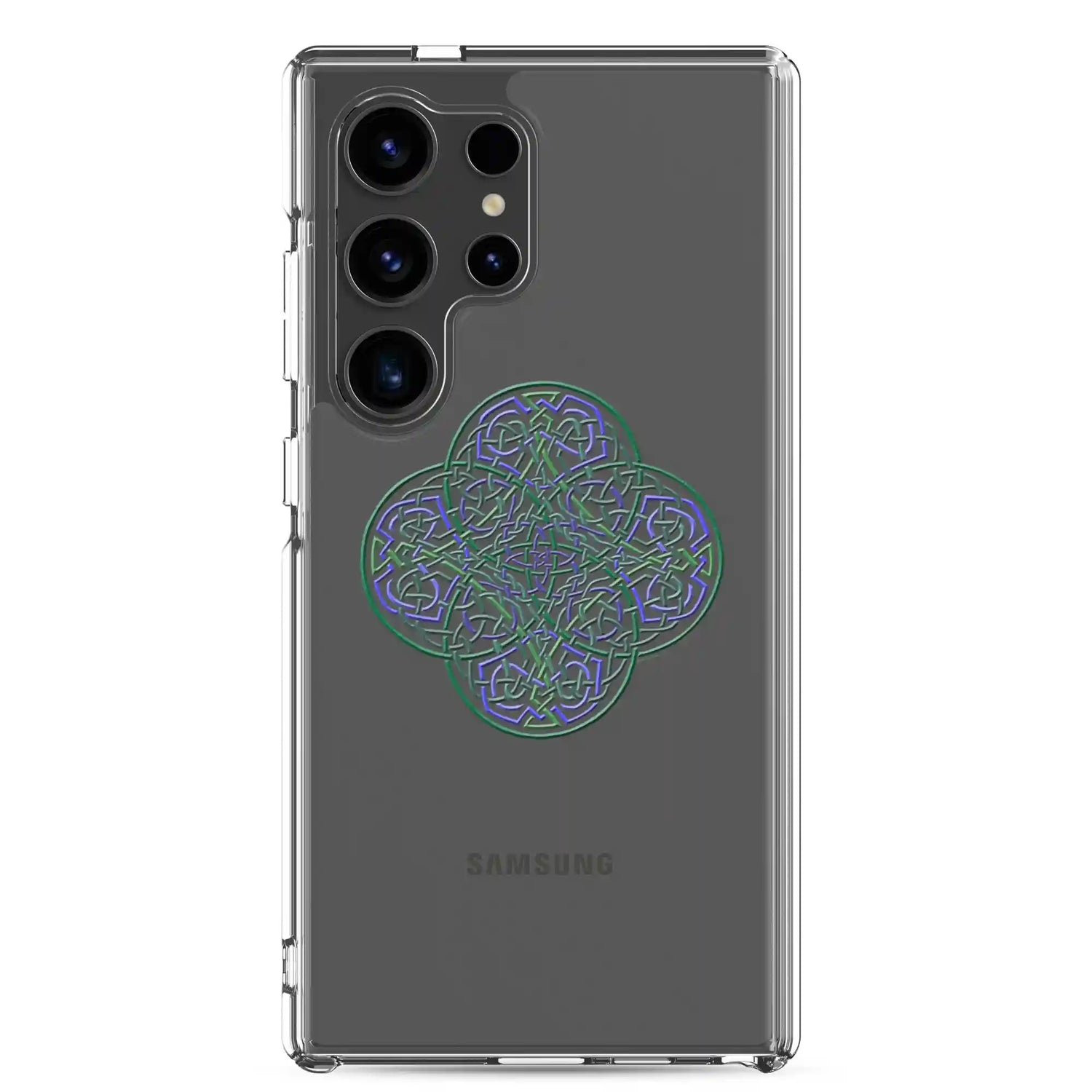 A Samsung Galaxy S24 Ultra with a Xigfireon clear phone case featuring the Living Colour iteration of the `Reach Of The Spirit` Celtic knot design. The `Reach Of The Spirit` Celtic knot design represents Mother Earth.