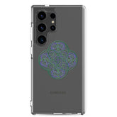 A Samsung Galaxy S24 Ultra with a Xigfireon clear phone case featuring the Living Colour iteration of the `Reach Of The Spirit` Celtic knot design. The `Reach Of The Spirit` Celtic knot design represents Mother Earth.