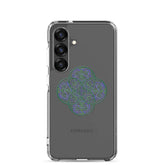 A Samsung Galaxy S25 with a Xigfireon clear phone case featuring the Living Colour iteration of the `Reach Of The Spirit` Celtic knot design. The `Reach Of The Spirit` Celtic knot design represents Mother Earth.