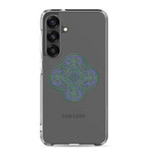 A Samsung Galaxy S25 Plus with a Xigfireon clear phone case featuring the Living Colour iteration of the `Reach Of The Spirit` Celtic knot design. The `Reach Of The Spirit` Celtic knot design represents Mother Earth.