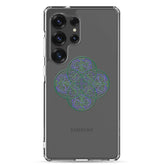 A Samsung Galaxy S25 Ultra with a Xigfireon clear phone case featuring the Living Colour iteration of the `Reach Of The Spirit` Celtic knot design. The `Reach Of The Spirit` Celtic knot design represents Mother Earth.
