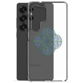 A Samsung Galaxy S25 Ultra behind a Xigfireon clear phone case featuring the Living Colour iteration of the `Reach Of The Spirit` Celtic knot design. The `Reach Of The Spirit` Celtic knot design symbolizes Mother Earth.