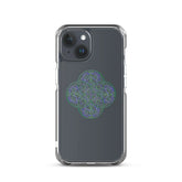 An iPhone 15 in a Xigfireon clear phone case featuring the Living Colour iteration of the `Reach Of The Spirit` Celtic knot design. The `Reach Of The Spirit` Celtic knot design represents Mother Earth.