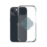 An iPhone 15 behind a Xigfireon clear phone case featuring the Living Colour iteration of the `Reach Of The Spirit` Celtic knot design. The `Reach Of The Spirit` Celtic knot design represents Mother Earth.
