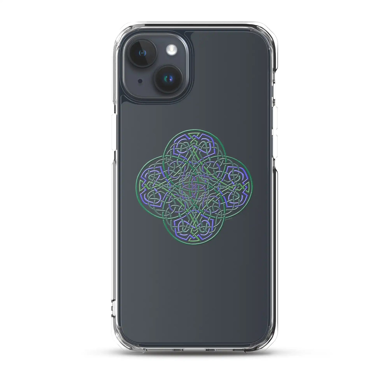 An iPhone 15 Plus in a Xigfireon clear phone case featuring the Living Colour iteration of the `Reach Of The Spirit` Celtic knot design. The `Reach Of The Spirit` Celtic knot design represents Mother Earth.