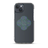 An iPhone 15 Plus in a Xigfireon clear phone case featuring the Living Colour iteration of the `Reach Of The Spirit` Celtic knot design. The `Reach Of The Spirit` Celtic knot design represents Mother Earth.