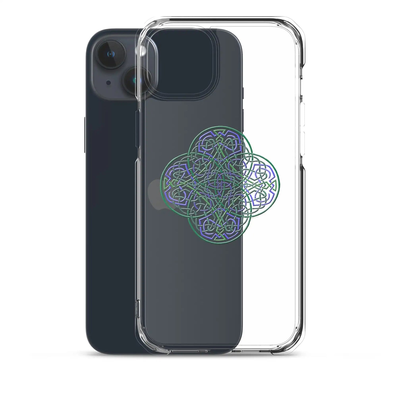 An iPhone 15 Plus behind a Xigfireon clear phone case featuring the Living Colour iteration of the `Reach Of The Spirit` Celtic knot design. The `Reach Of The Spirit` Celtic knot design represents Mother Earth.