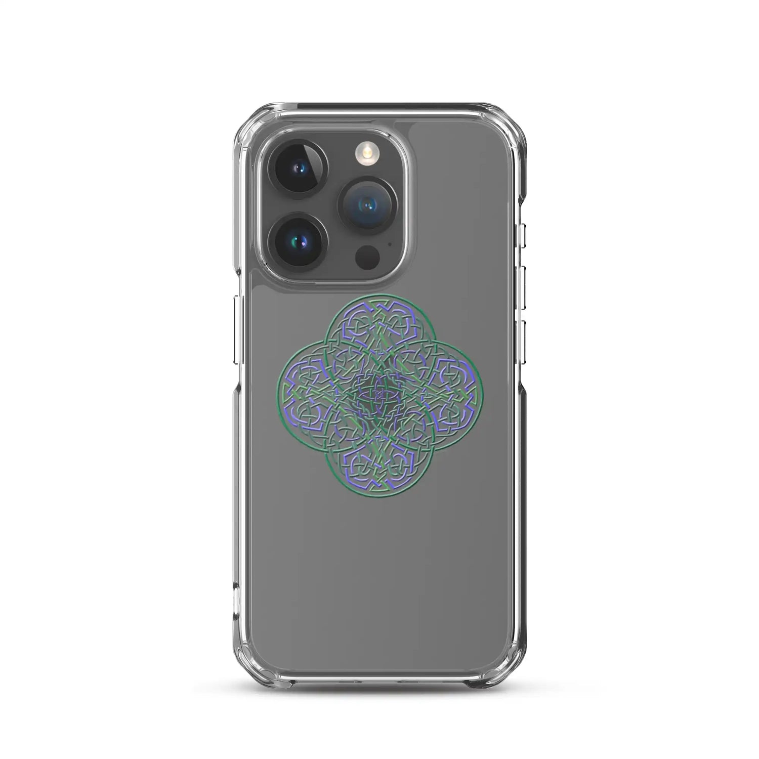 An iPhone 15 Pro in a Xigfireon clear phone case featuring the Living Colour iteration of the `Reach Of The Spirit` Celtic knot design. The `Reach Of The Spirit` Celtic knot design represents Mother Earth.