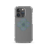 An iPhone 15 Pro in a Xigfireon clear phone case featuring the Living Colour iteration of the `Reach Of The Spirit` Celtic knot design. The `Reach Of The Spirit` Celtic knot design represents Mother Earth.
