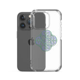 An iPhone 15 Pro behind a Xigfireon clear phone case featuring the Living Colour iteration of the `Reach Of The Spirit` Celtic knot design. The `Reach Of The Spirit` Celtic knot design represents Mother Earth.