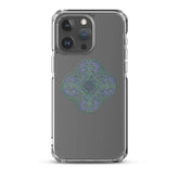 An iPhone 15 Pro Max behind a Xigfireon clear phone case featuring the Living Colour iteration of the `Reach Of The Spirit` Celtic knot design. The `Reach Of The Spirit` Celtic knot design represents Mother Earth.