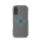 An iPhone 16 in a Xigfireon clear phone case featuring the Living Colour iteration of the `Reach Of The Spirit` Celtic knot design. The `Reach Of The Spirit` Celtic knot design represents Mother Earth.