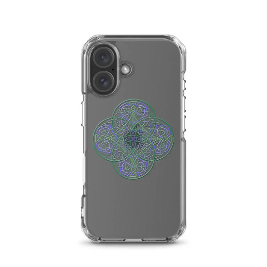 An iPhone 16 in a Xigfireon clear phone case featuring the Living Colour iteration of the `Reach Of The Spirit` Celtic knot design. The `Reach Of The Spirit` Celtic knot design represents Mother Earth.