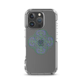 An iPhone 16 Pro in a Xigfireon clear phone case featuring the Living Colour iteration of the `Reach Of The Spirit` Celtic knot design. The `Reach Of The Spirit` Celtic knot design represents Mother Earth.
