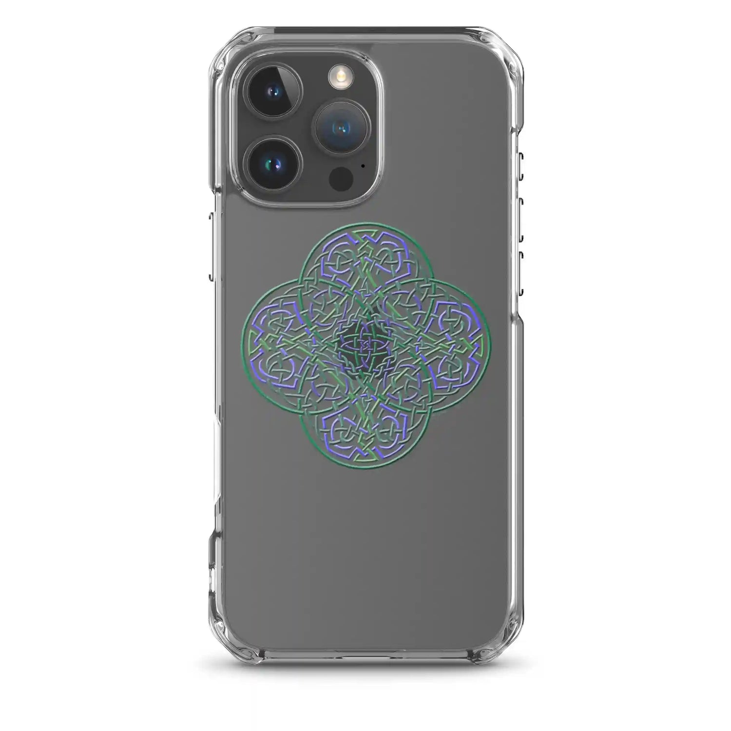 An iPhone 16 Pro Max in a Xigfireon clear phone case featuring the Living Colour iteration of the `Reach Of The Spirit` Celtic knot design. The `Reach Of The Spirit` Celtic knot design represents Mother Earth.