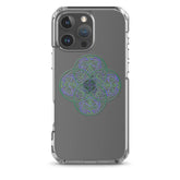 An iPhone 16 Pro Max in a Xigfireon clear phone case featuring the Living Colour iteration of the `Reach Of The Spirit` Celtic knot design. The `Reach Of The Spirit` Celtic knot design represents Mother Earth.