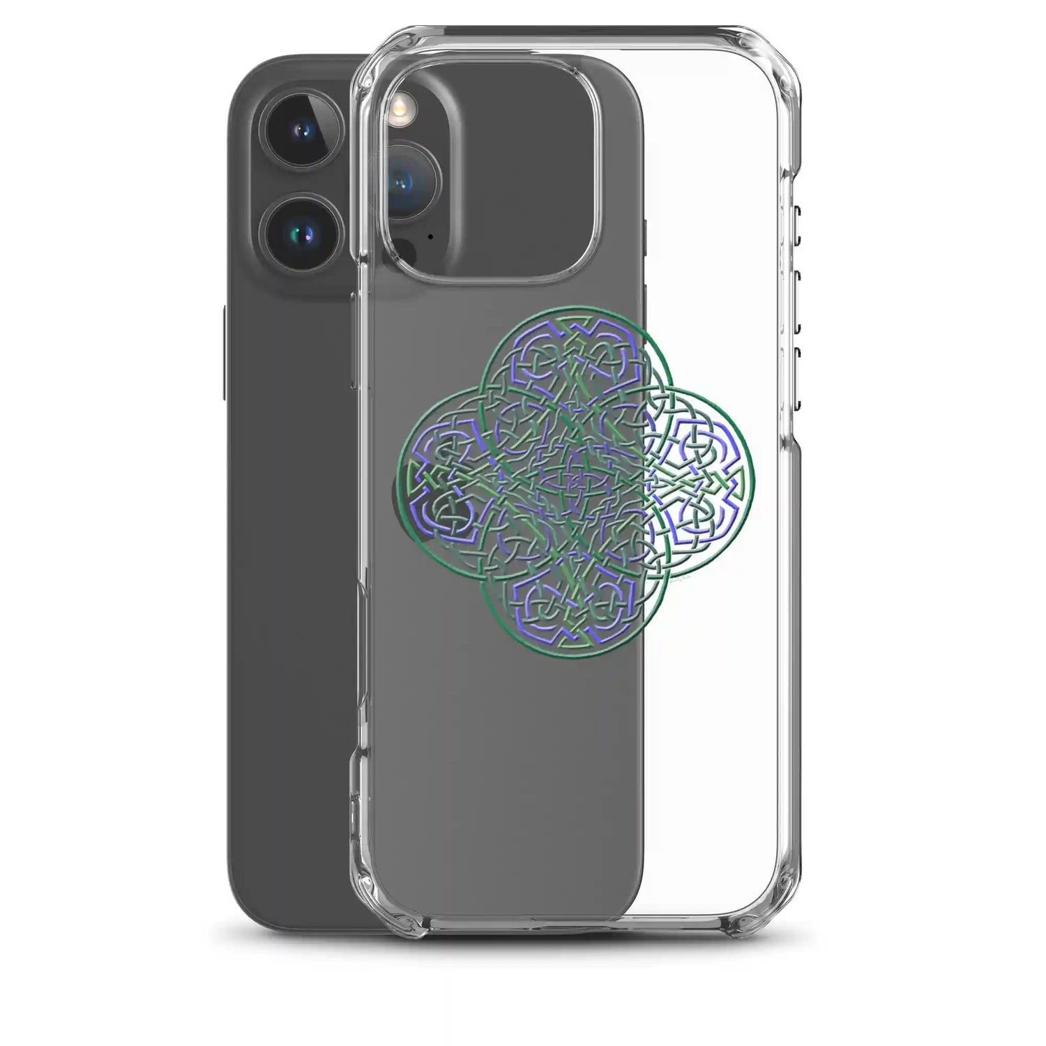 An iPhone 16 Pro Max behind a Xigfireon clear phone case featuring the Living Colour iteration of the `Reach Of The Spirit` Celtic knot design. The `Reach Of The Spirit` Celtic knot design represents Mother Earth.