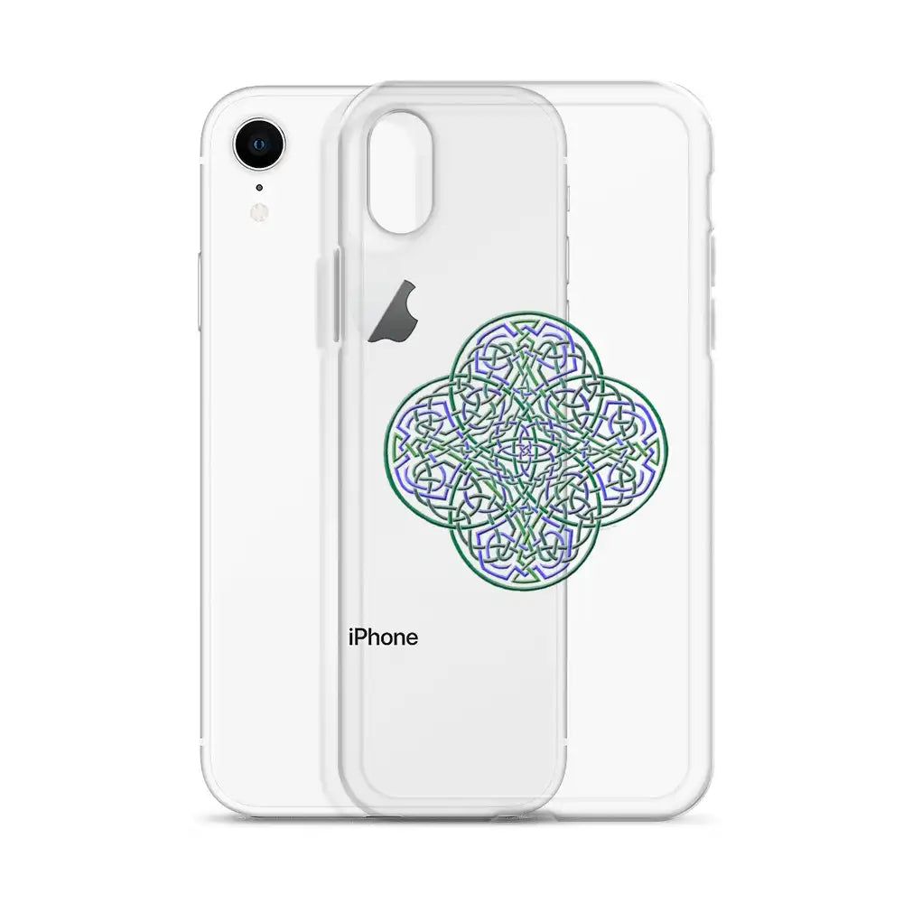 An iPhone XR behind a Xigfireon clear phone case featuring the Living Colour iteration of the `Reach Of The Spirit` Celtic knot design. The `Reach Of The Spirit` Celtic knot design represents Mother Earth.