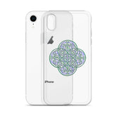 An iPhone XR behind a Xigfireon clear phone case featuring the Living Colour iteration of the `Reach Of The Spirit` Celtic knot design. The `Reach Of The Spirit` Celtic knot design represents Mother Earth.