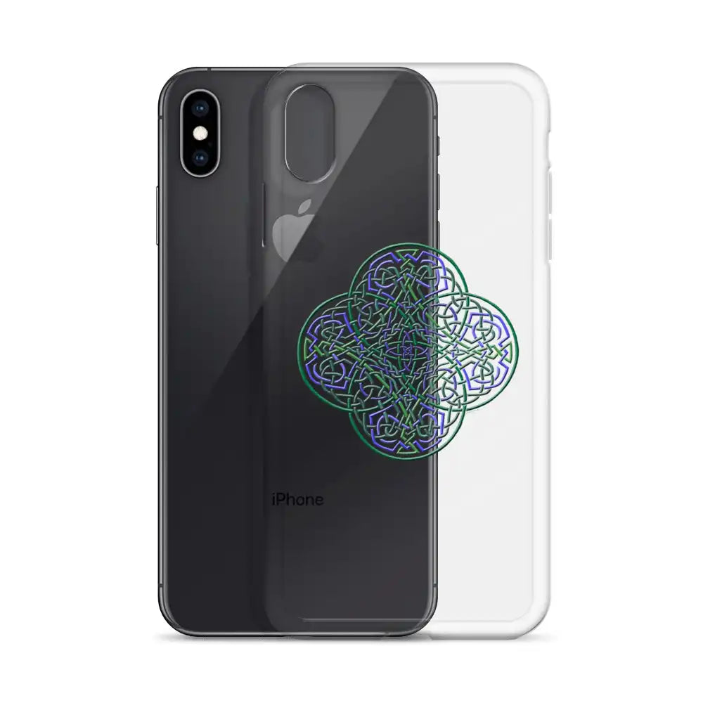 An iPhone XS Max behind a Xigfireon clear phone case featuring the Living Colour iteration of the `Reach Of The Spirit` Celtic knot design. The `Reach Of The Spirit` Celtic knot design represents Mother Earth.