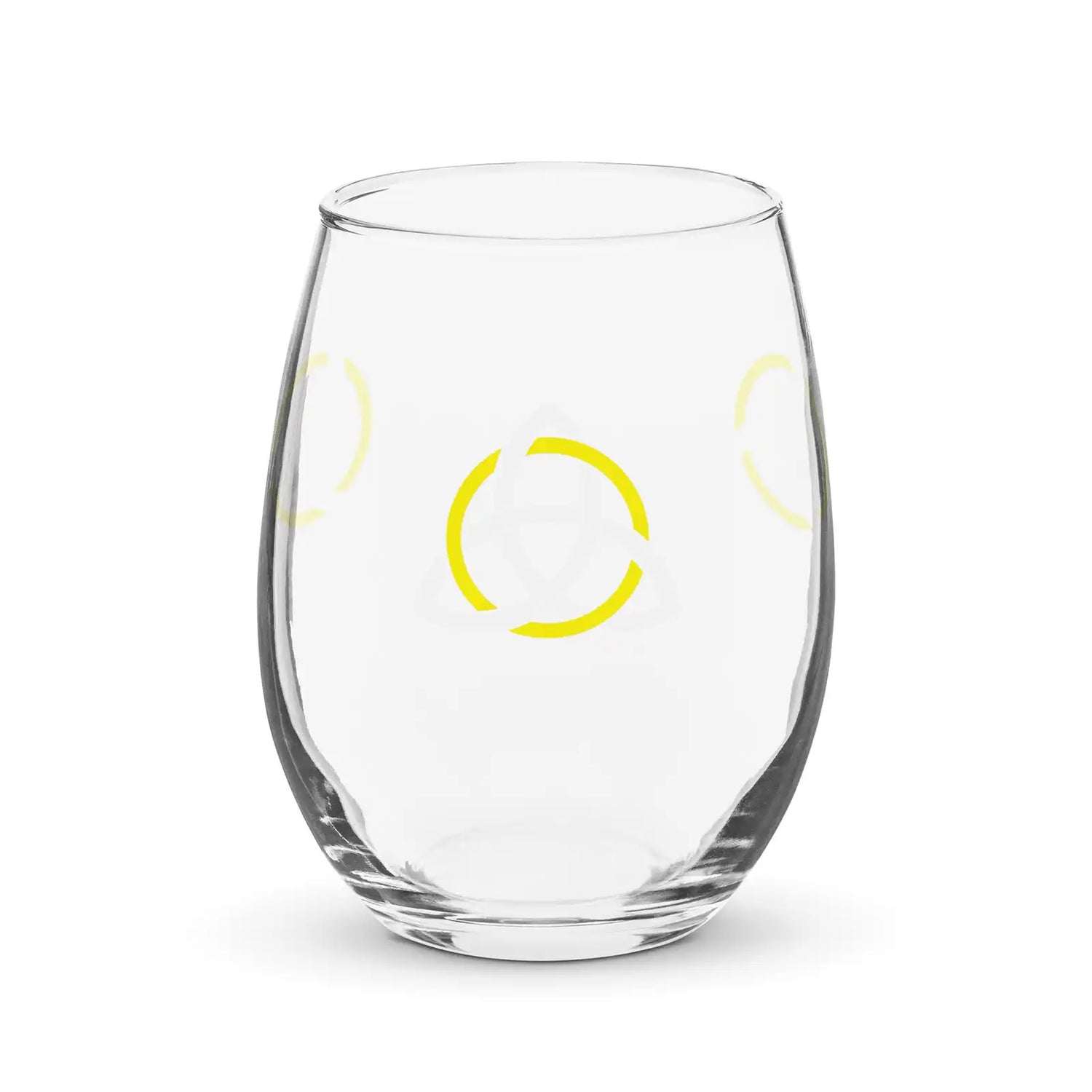The front side of a stemless wine glass featuring the White & Gold iteration of the Trinity Knot design. Also known as a triquetra, the Trinity Knot is a symbol of unity and balance.