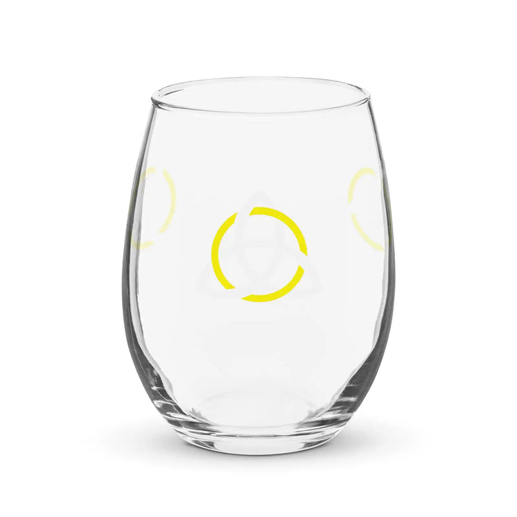 The front side of a stemless wine glass featuring the White & Yellow iteration of the Trinity Knot design. Also known as a triquetra, the Trinity Knot is a symbol of unity and balance.