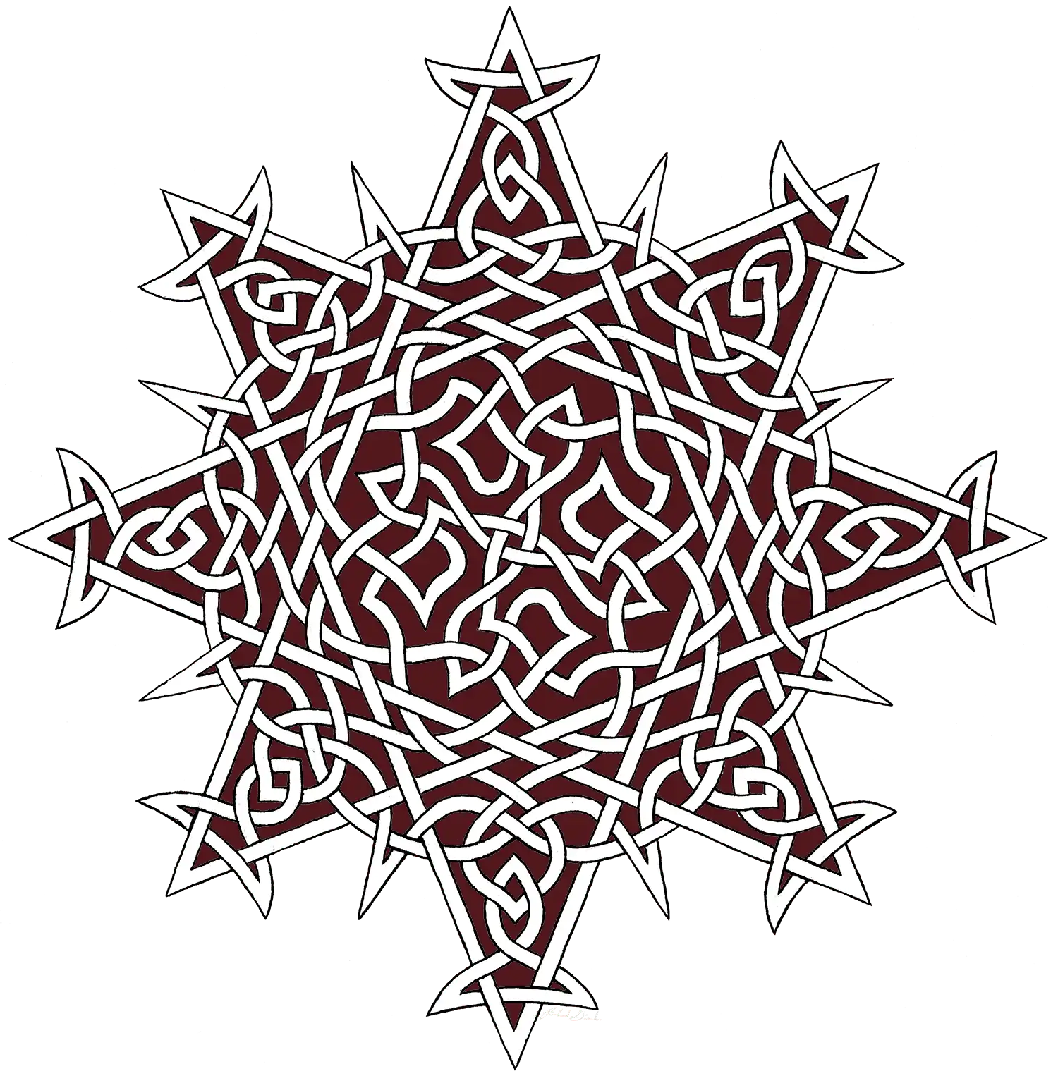 A simple `Morning Star Fire` Celtic knot graphic with white cords outlined in black, and dark red filling the space in between.