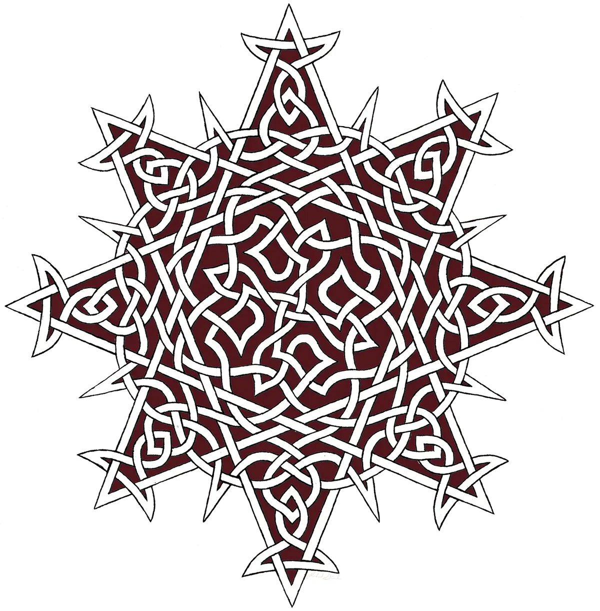 A simple `Morning Star Fire` Celtic knot graphic with white cords outlined in black, and dark red filling the space in between.