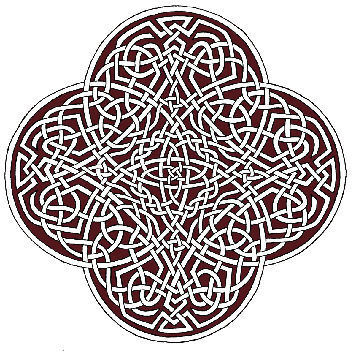 A simple `Reach Of The Spirit` Celtic knot graphic with white cords outlined in black, and dark red filling the space in between.