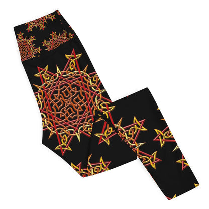 The right side of a folded pair of Xigfireon graphic yoga leggings featuring the Fire Colour Black patterned series of the Morning Star Fire Celtic knot design.