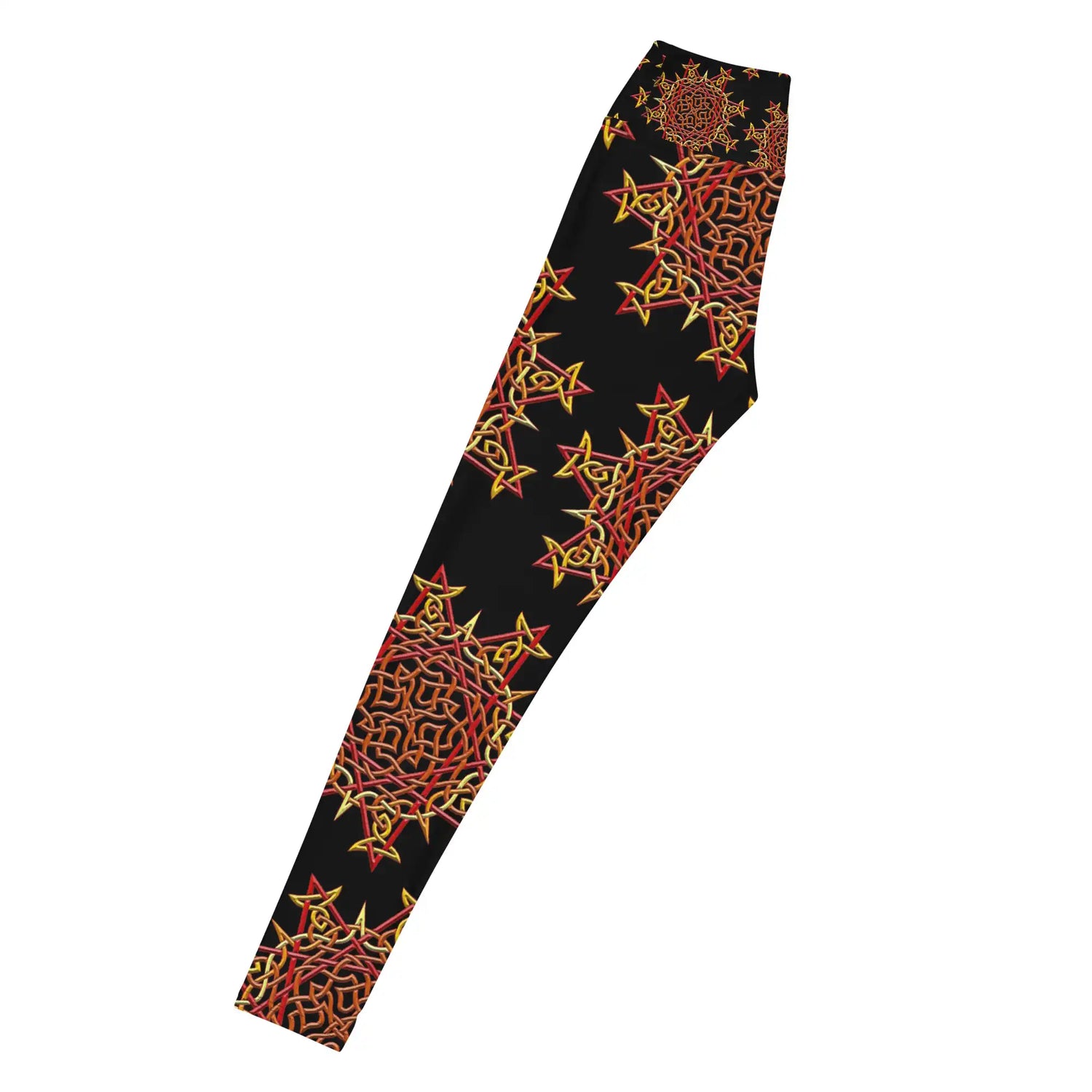 The left side of a pair of Xigfireon graphic yoga leggings featuring the Fire Colour Black patterned series of the Morning Star Fire Celtic knot design.
