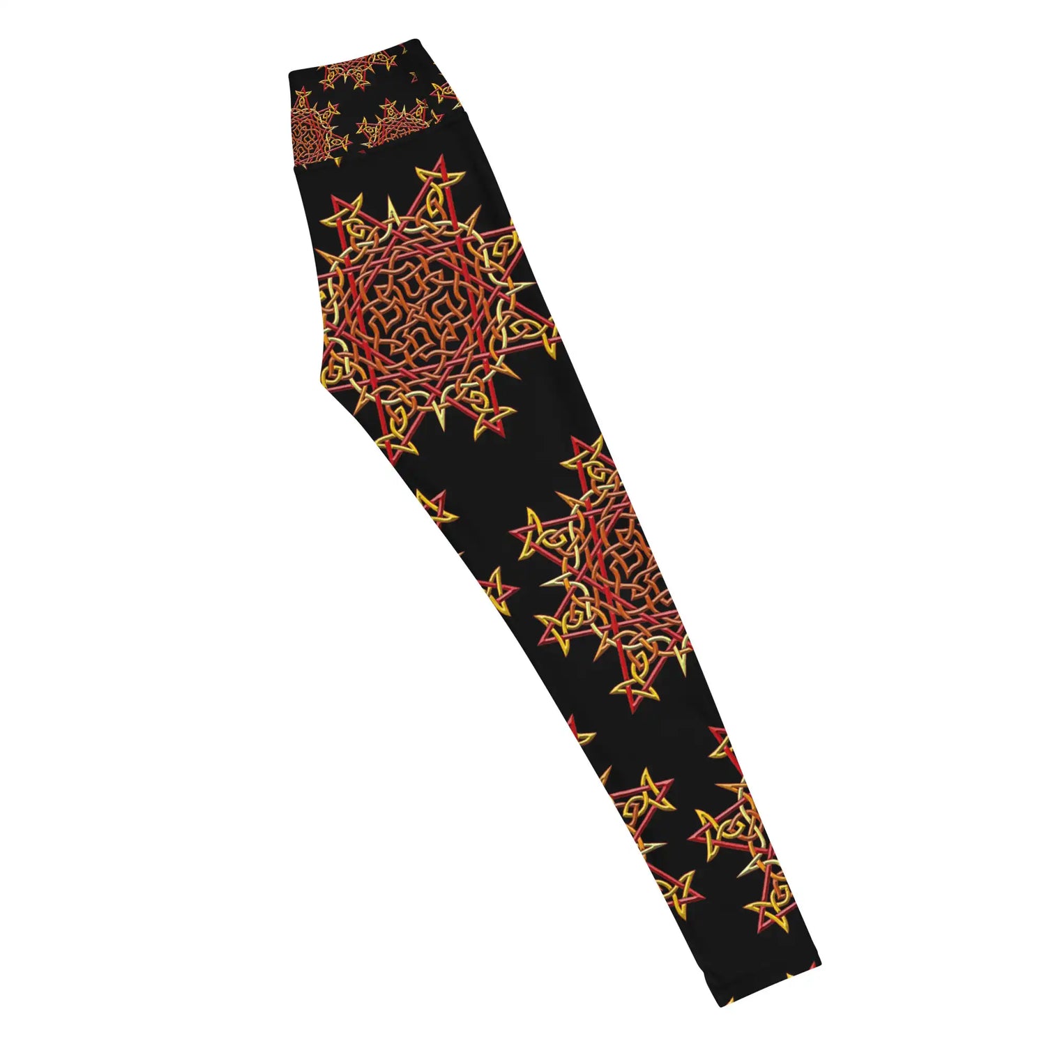 The right side of a pair of Xigfireon graphic yoga leggings featuring the Fire Colour Black patterned series of the Morning Star Fire Celtic knot design.