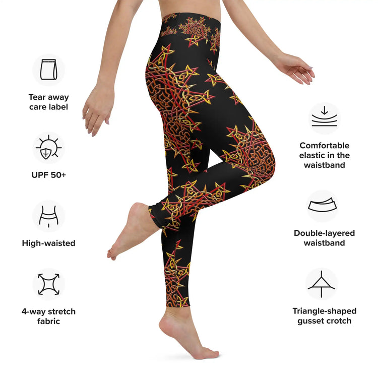 A list of product features surrounding a woman wearing a pair of Xigfireon graphic yoga leggings featuring the Fire Colour Black patterned series of the Morning Star Fire Celtic knot design. Features include tear away care label, UPF 50+, high-waisted, 4-way stretch fabric, comfortable elastic in the waistband, double-layered waistband, and triangle-shaped gusset crotch.