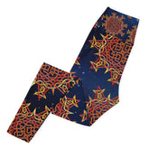 The left side of a folded pair of Xigfireon graphic yoga leggings featuring the Fire Colour Cosmos patterned series of the Morning Star Fire Celtic knot design.