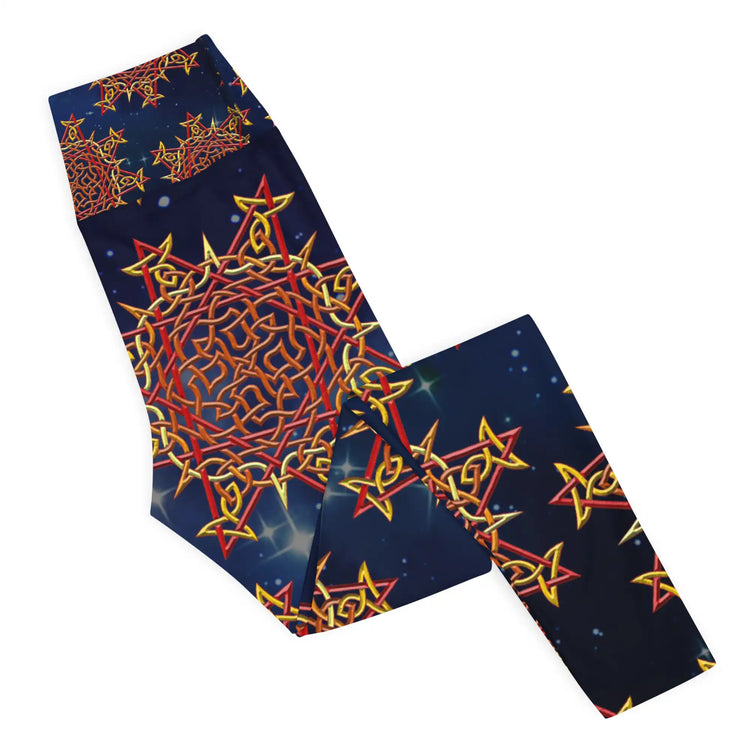 The right side of a folded pair of Xigfireon graphic yoga leggings featuring the Fire Colour Cosmos patterned series of the Morning Star Fire Celtic knot design.