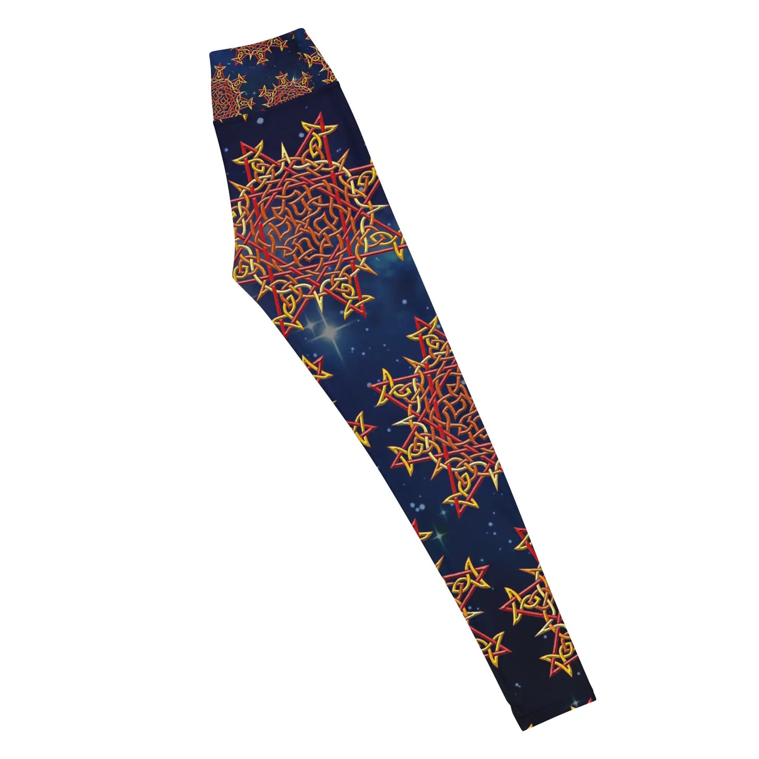 The right side of a pair of Xigfireon graphic yoga leggings featuring the Fire Colour Cosmos patterned series of the Morning Star Fire Celtic knot design.