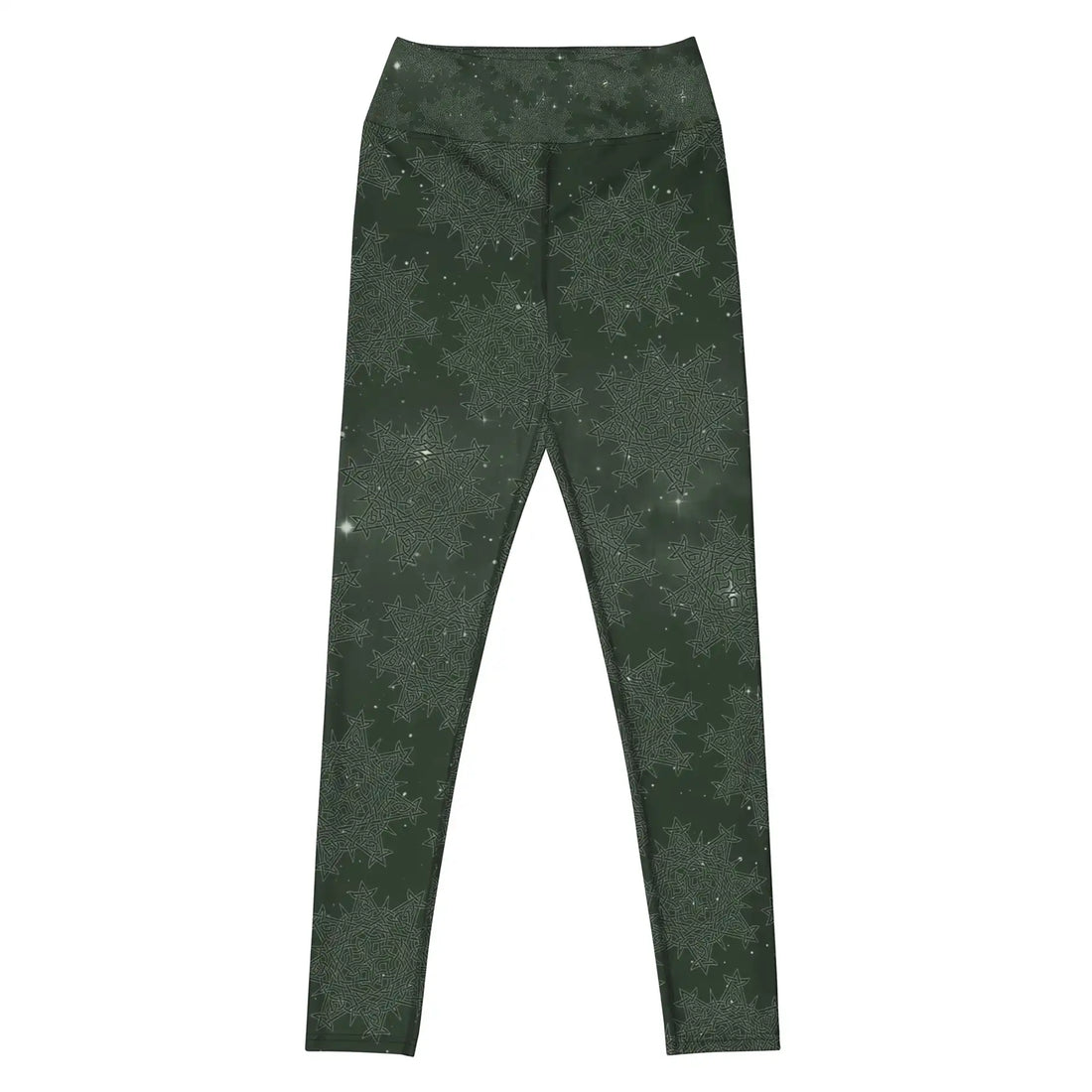 Celtic knot yoga leggings by Xigfireon featuring the Midnight Green Cosmos patterned series of the Morning Star Fire design.