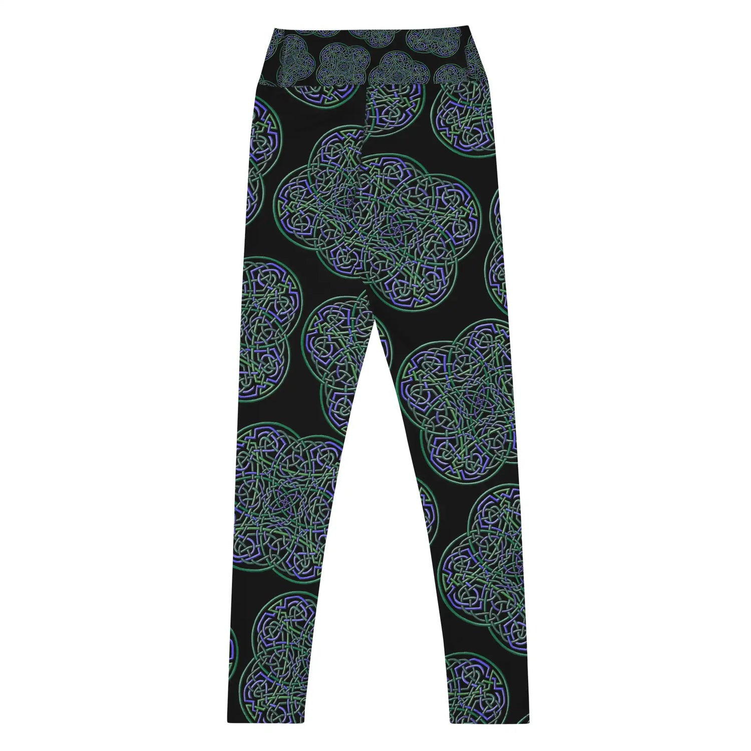 The back side of a pair of Xigfireon graphic yoga leggings featuring the Living Colour Black patterned series of the Reach Of The Spirit Celtic knot design.